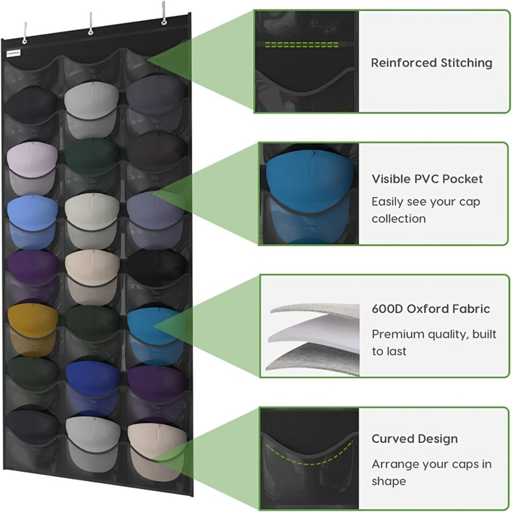 Over the Door Hat Organizer 24 Pocket - Baseball Cap Rack with Large Clear Pockets and 3 Hooks for Hat Storage Protection and Display in Closet