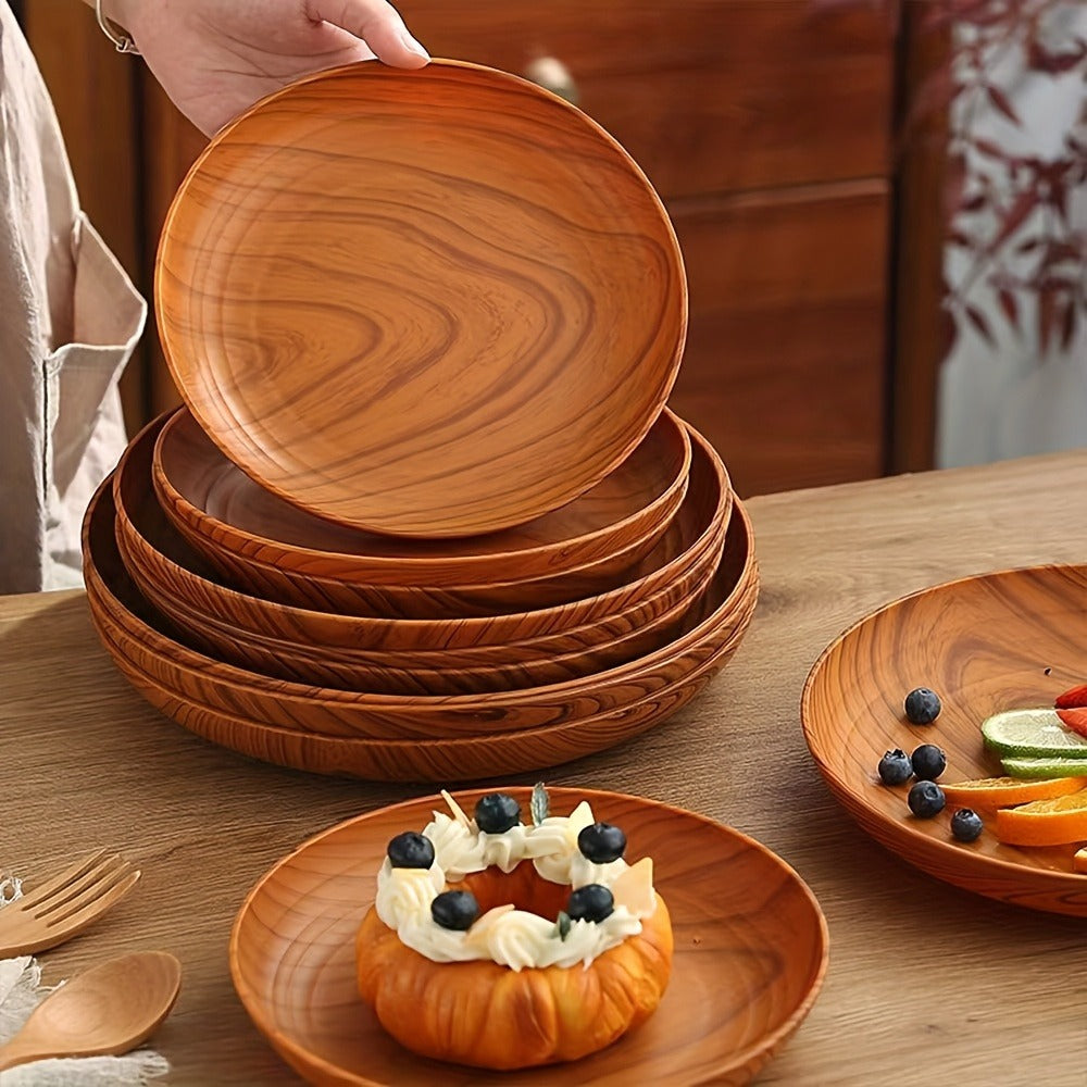 10pcs Wood Grain Dinner Plates Set - Round Striped Plastic Serving Trays for Home Kitchen Dessert Shop Restaurant | Fruit Tray Tea Tray Cake Plate Snack Dish