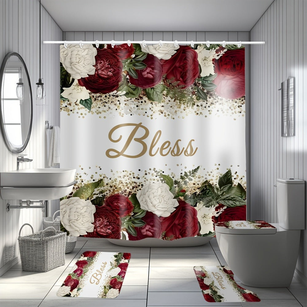 Rose Print Shower Curtain 4-Piece Bathroom Set ¨C Toilet Lid Cover Mat Machine Washable with 12 Hooks Elegant Floral Decor