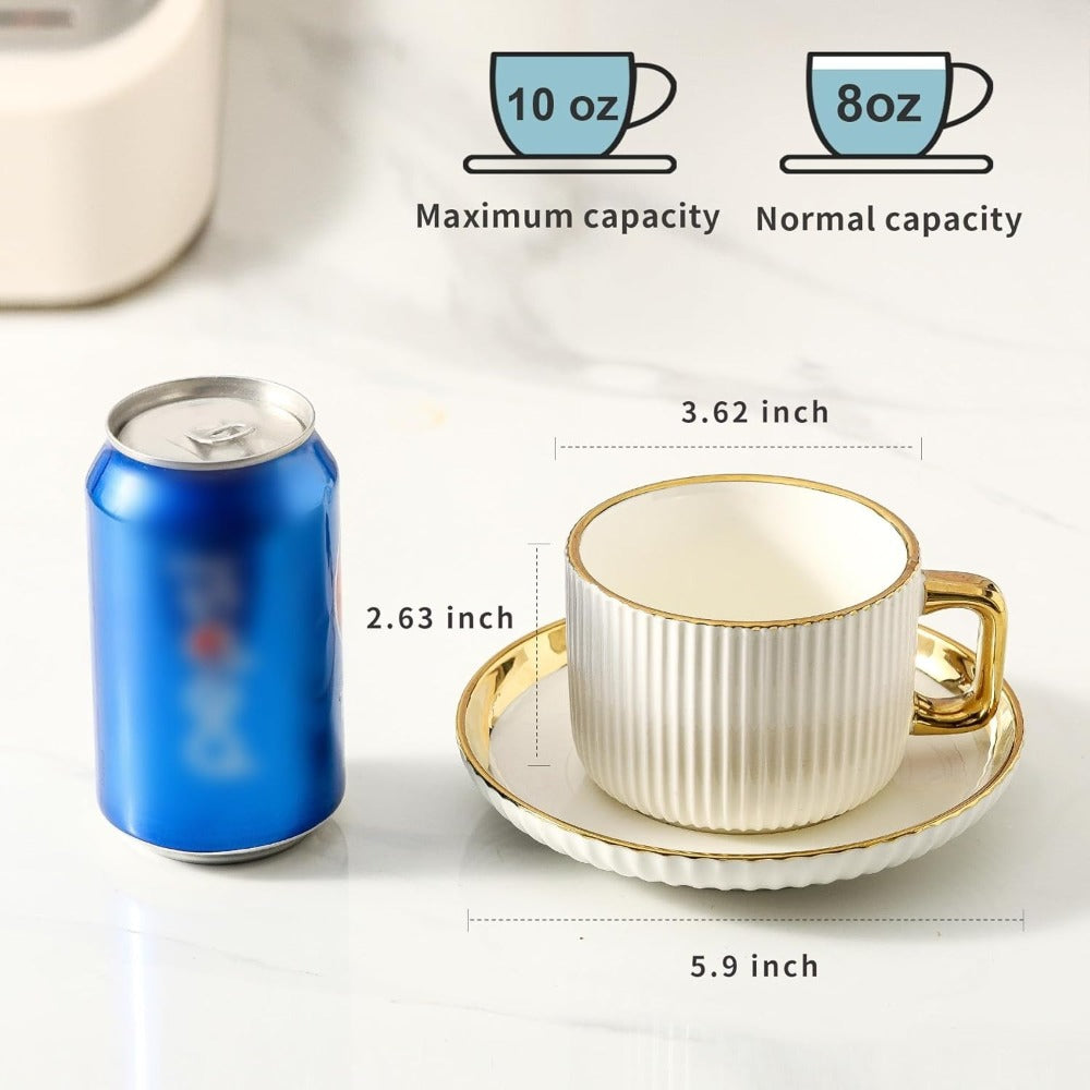 Ceramic Cappuccino Cups with Saucers Set of 6 ¨C 8oz Coffee Mugs with Golden Trim, Latte Art Cups for Espresso Mocha, British Italian Style Caf¨¦ Cups and Saucer Sets for Home Kitchen