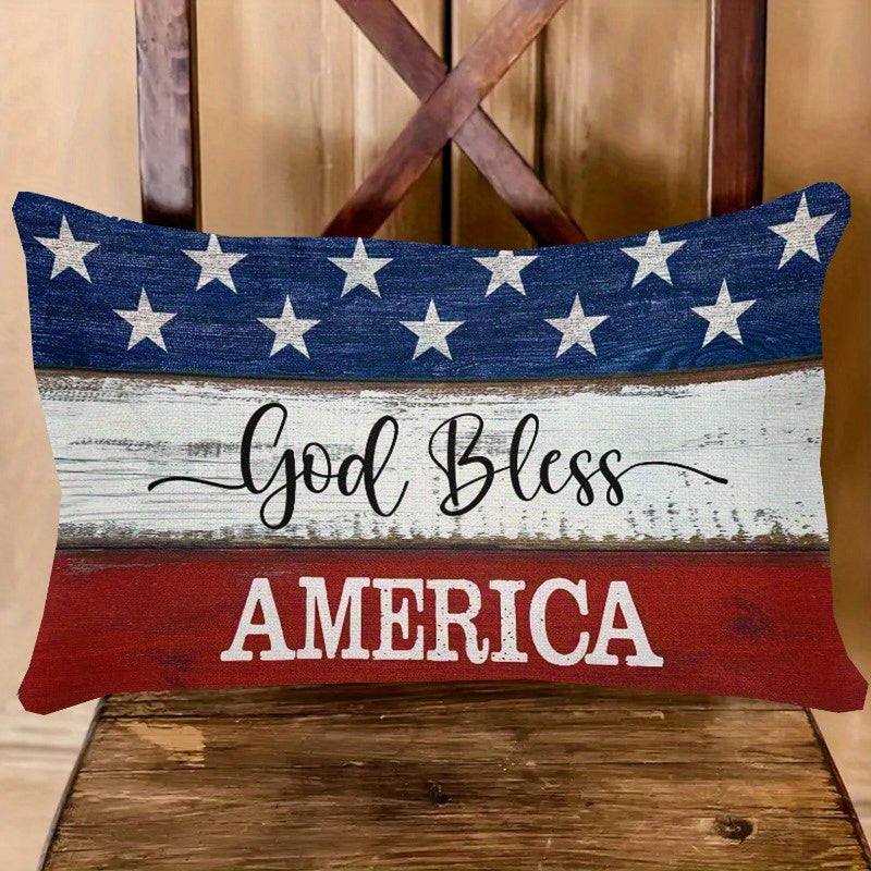 4th of July Throw Pillow Cover 12x20 Inch, God Bless America Patriotic Red White Blue Linen Cushion Case Star Pattern Distressed Wood, Boho Home Decor for Independence Day Memorial Day
