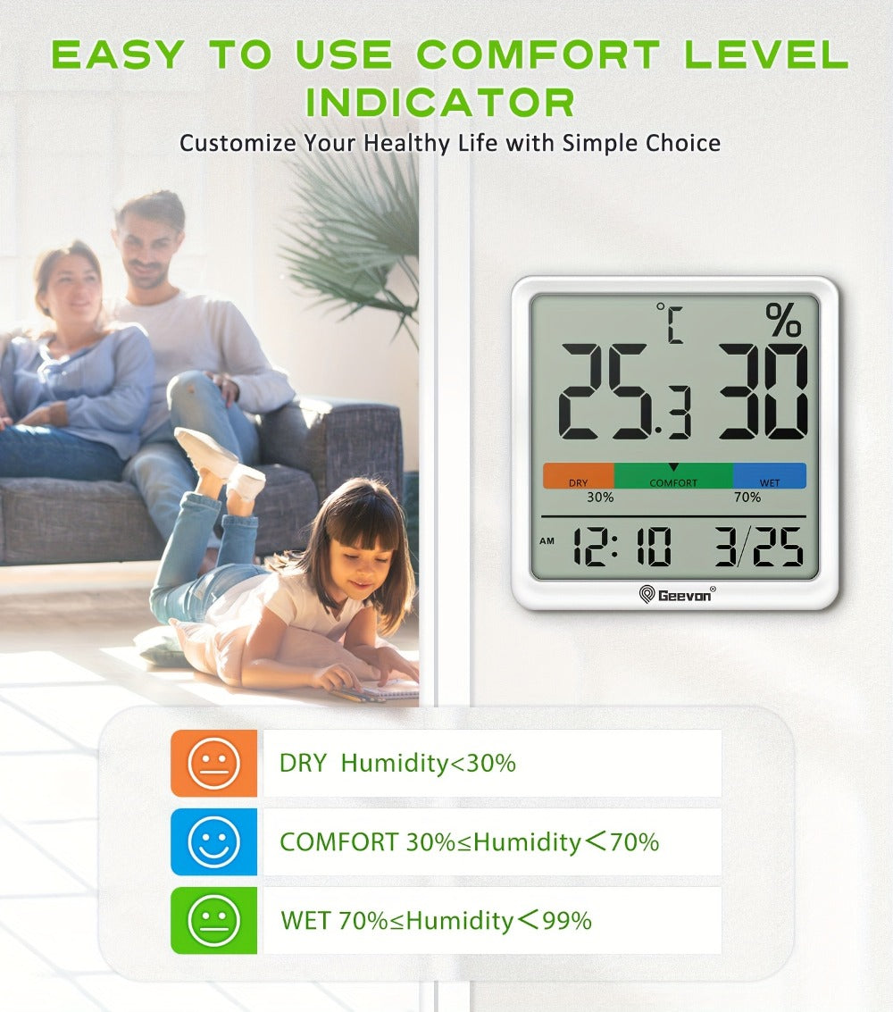 Indoor Thermometer Hygrometer Digital | Accurate Temperature Humidity Monitor with Clock & Calendar | Desktop Room Humidity Gauge for Home Office Bedroom Baby Room