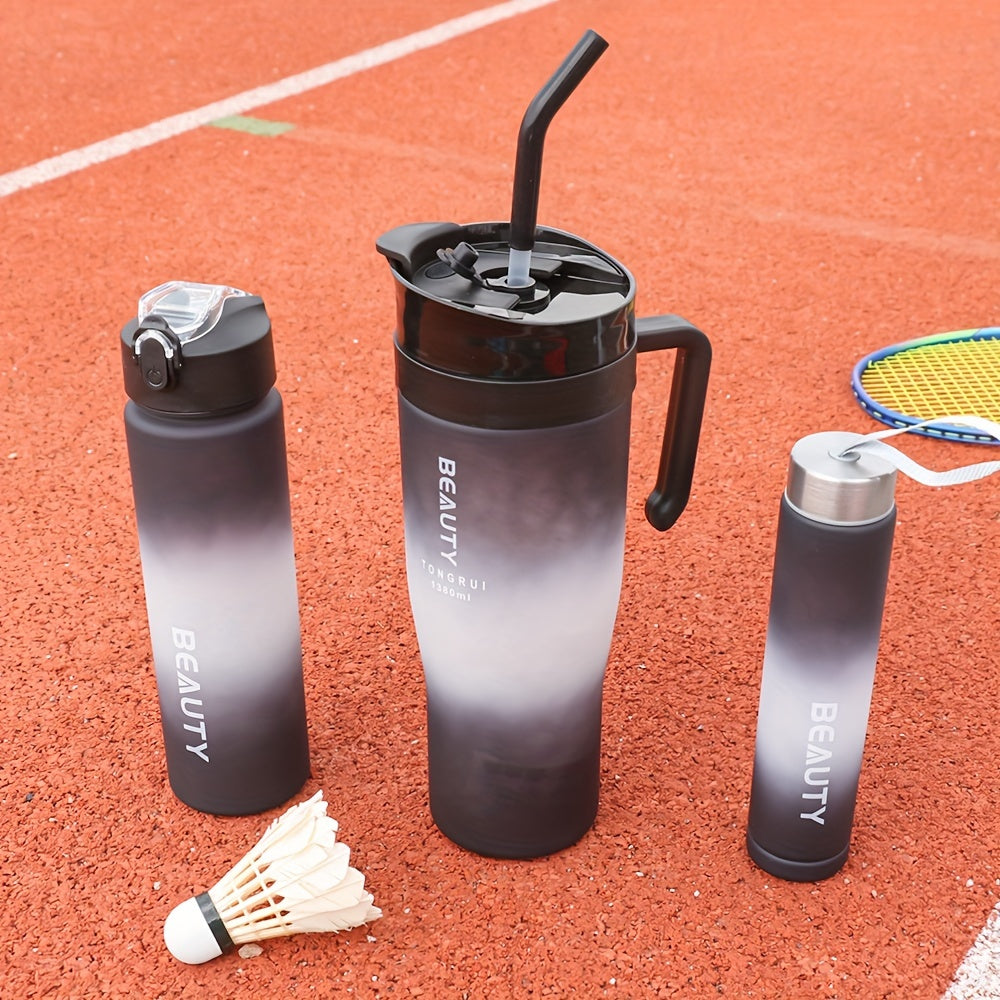 Tumbler Set 3pcs Gradient Color Frosted Plastic Water Cup with Straw Double Drinking Large Capacity Car Handle Cup 10oz 27oz 40oz 300ml 800ml 1200ml for Travel Gym Car Office Black and White