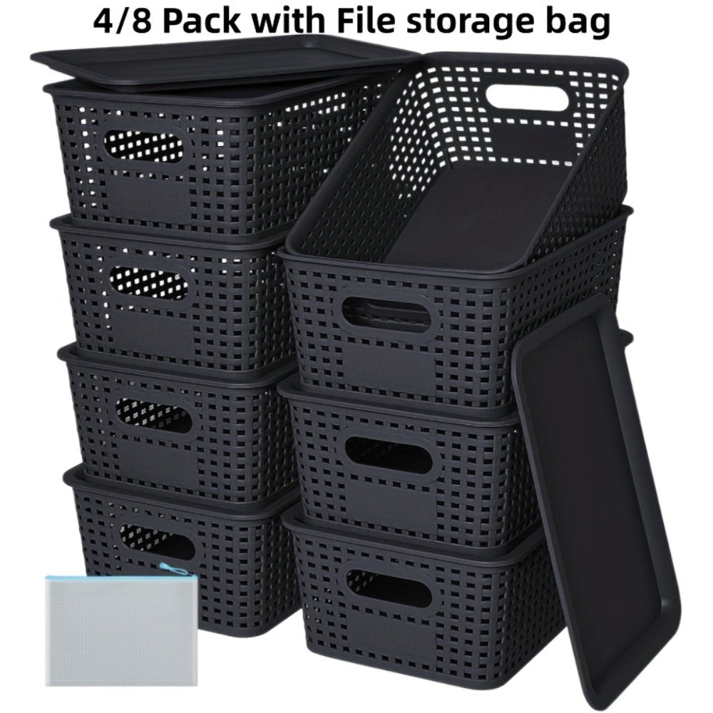 Storage Organizer Bins with Lids 4/8 Pack | Space-Saving Stackable Boxes 10¡±x7¡±x4¡± for Shelves, Closet & Desk - Declutter Bins for Dorm, Playroom & Office with File Organizer Bag, White Black Gray Red