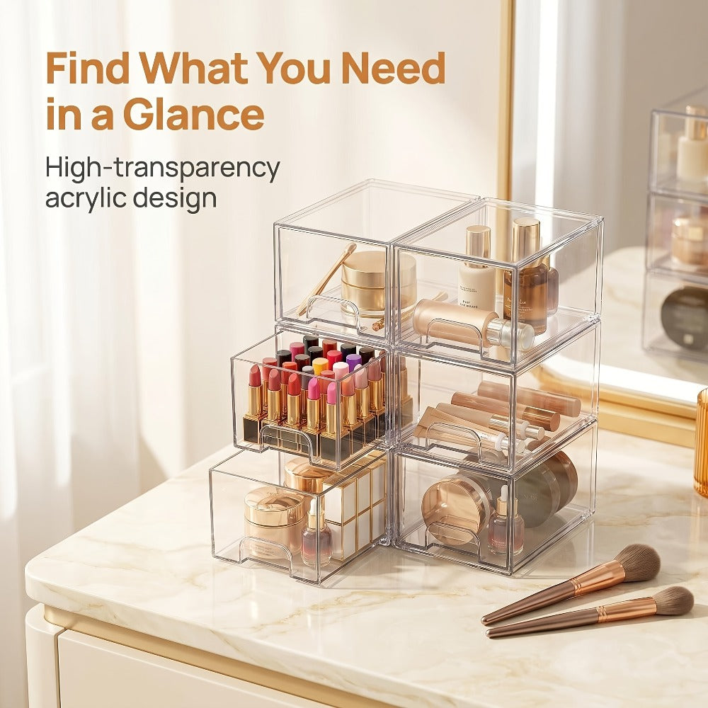 Clear Stackable Storage Drawers 8 Pack ¨C Acrylic Bathroom Organizer Bins with Pull-Out Handle, BPA-Free Plastic Makeup Storage for Vanity, Kitchen, Pantry, Home Organization