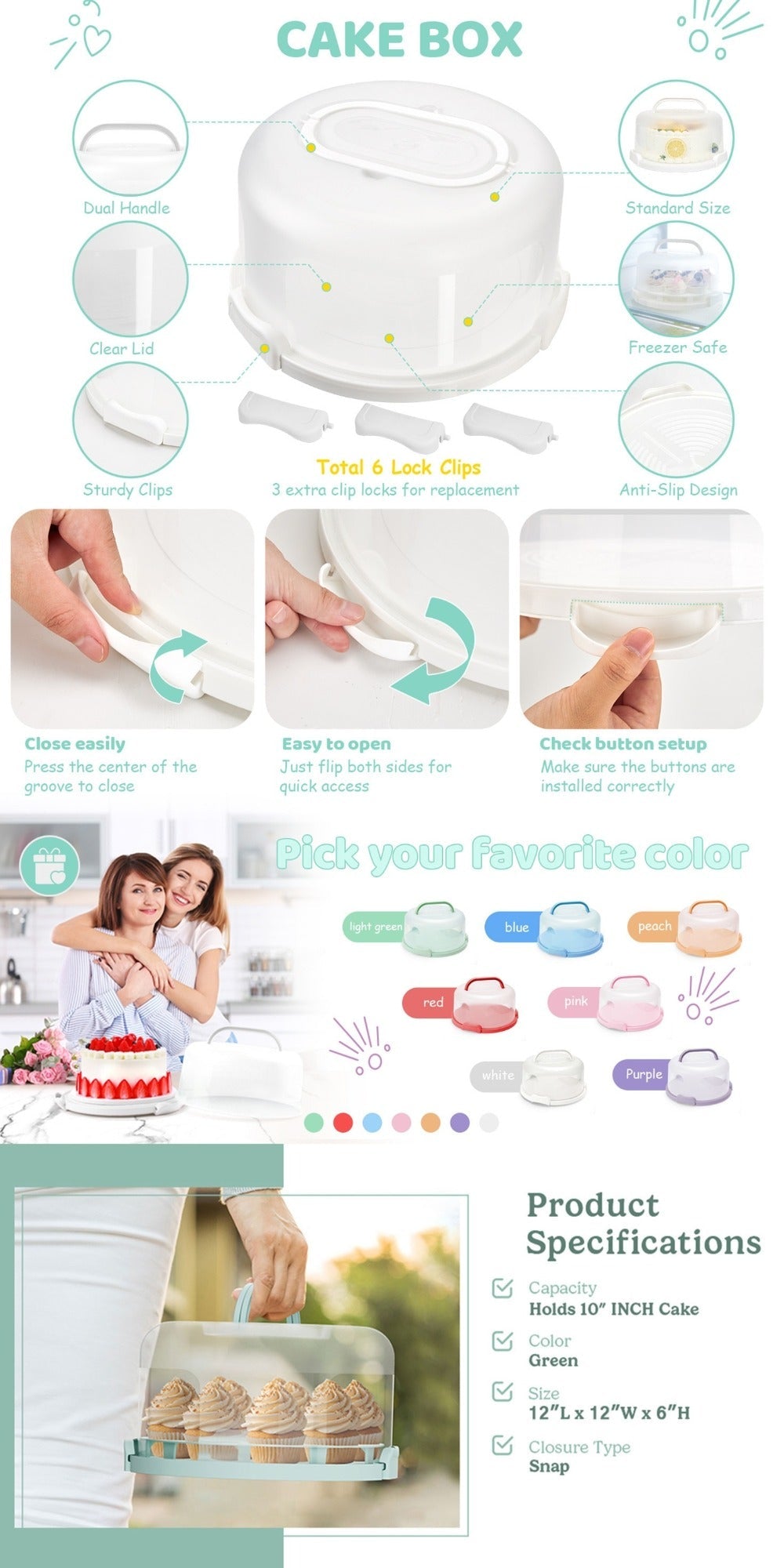 10-Inch Cake Carrier with Lid BPA-Free Plastic Cake Storage Container Cupcake Keeper 2 Handles Transport Pies Fruits Nuts Secure Base Clip-On Lock