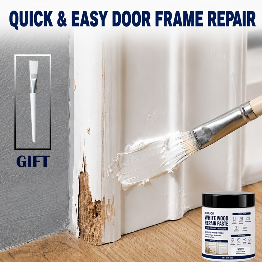 Wood Repair Filler Paste - White Trim Repair for Door Frames, Window Frames, Baseboards & Cabinets - Covers Scratches, Chips & Peeling Paint - Fast Drying Water-Based Formula