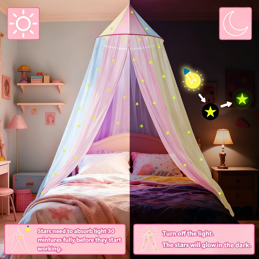 Bed Canopy for Girls Princess Rainbow Glow in the Dark Stars Colorful Canopy Curtain Fits Single Full Queen Size Bed Kids Room Decor Ceiling Tent Netting Machine Washable