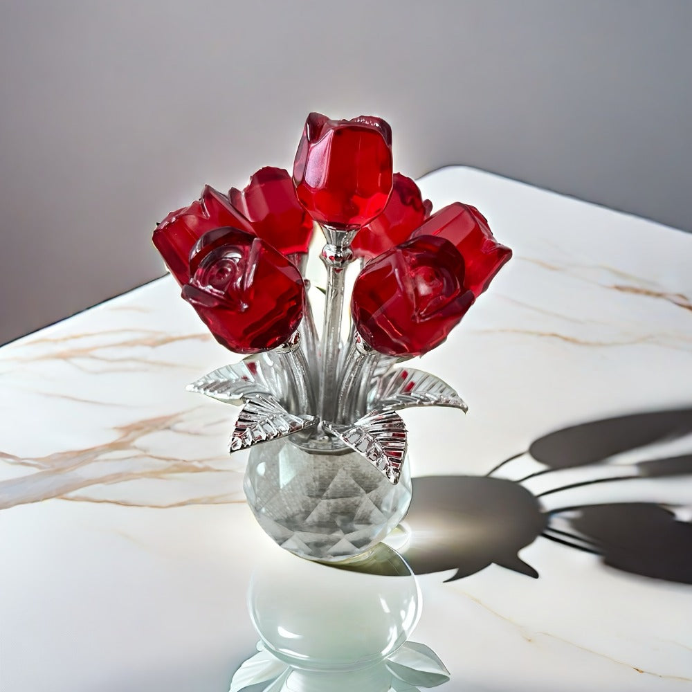 Glass Rose Sculpture Floral Home Decor ¨C Sparkling Leaves Art Figurine for Bedroom, Living Room, Valentine's Day Gift