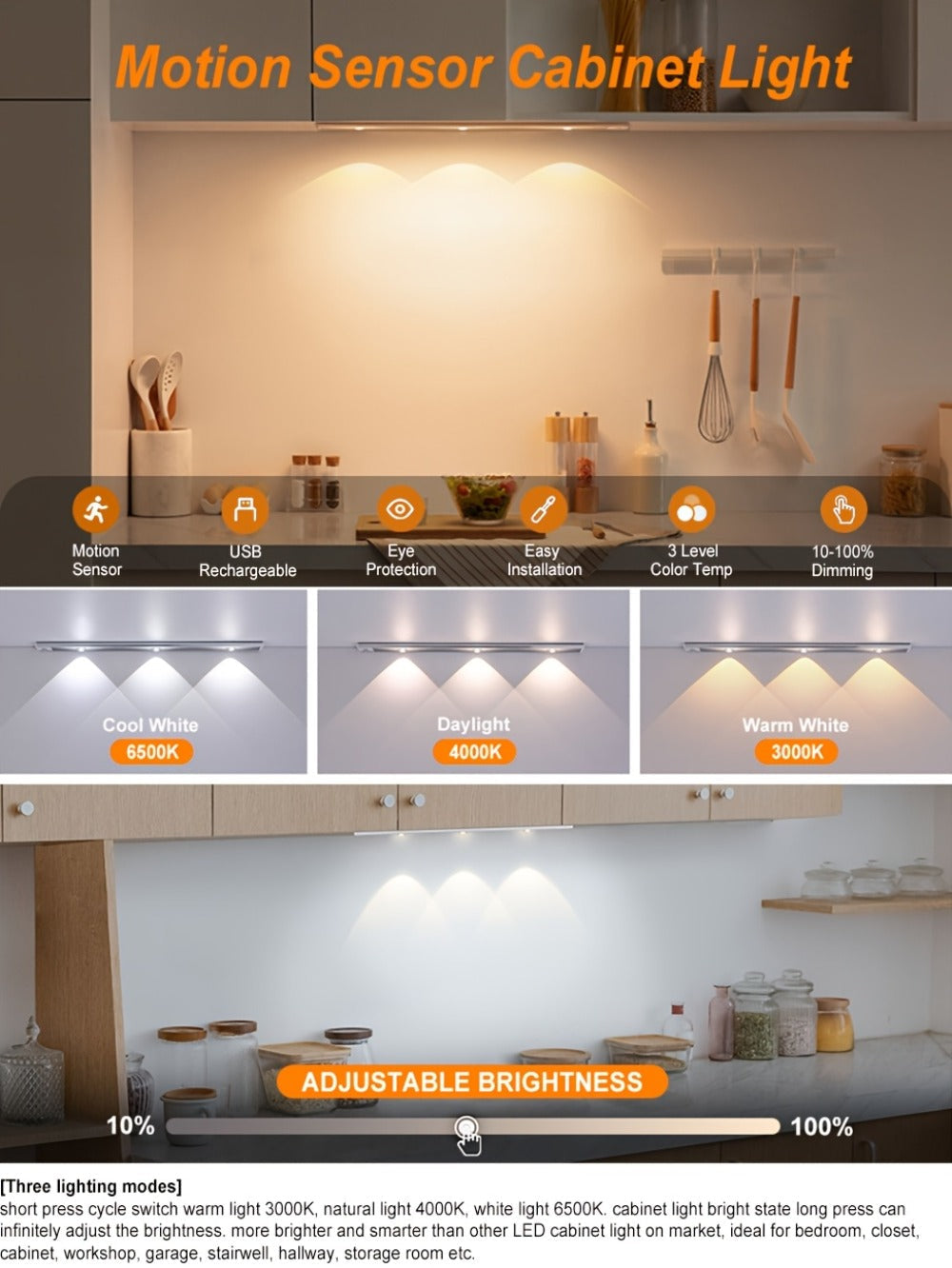Motion Sensor LED Strip Light USB Rechargeable ¨C 3-Color Dimmable Wireless Night Light for Kitchen, Wardrobe, Cabinet, Shoe Cabinet & Bedroom (20cm / 30cm / 40cm / 50cm, 1 or 2 Pack)