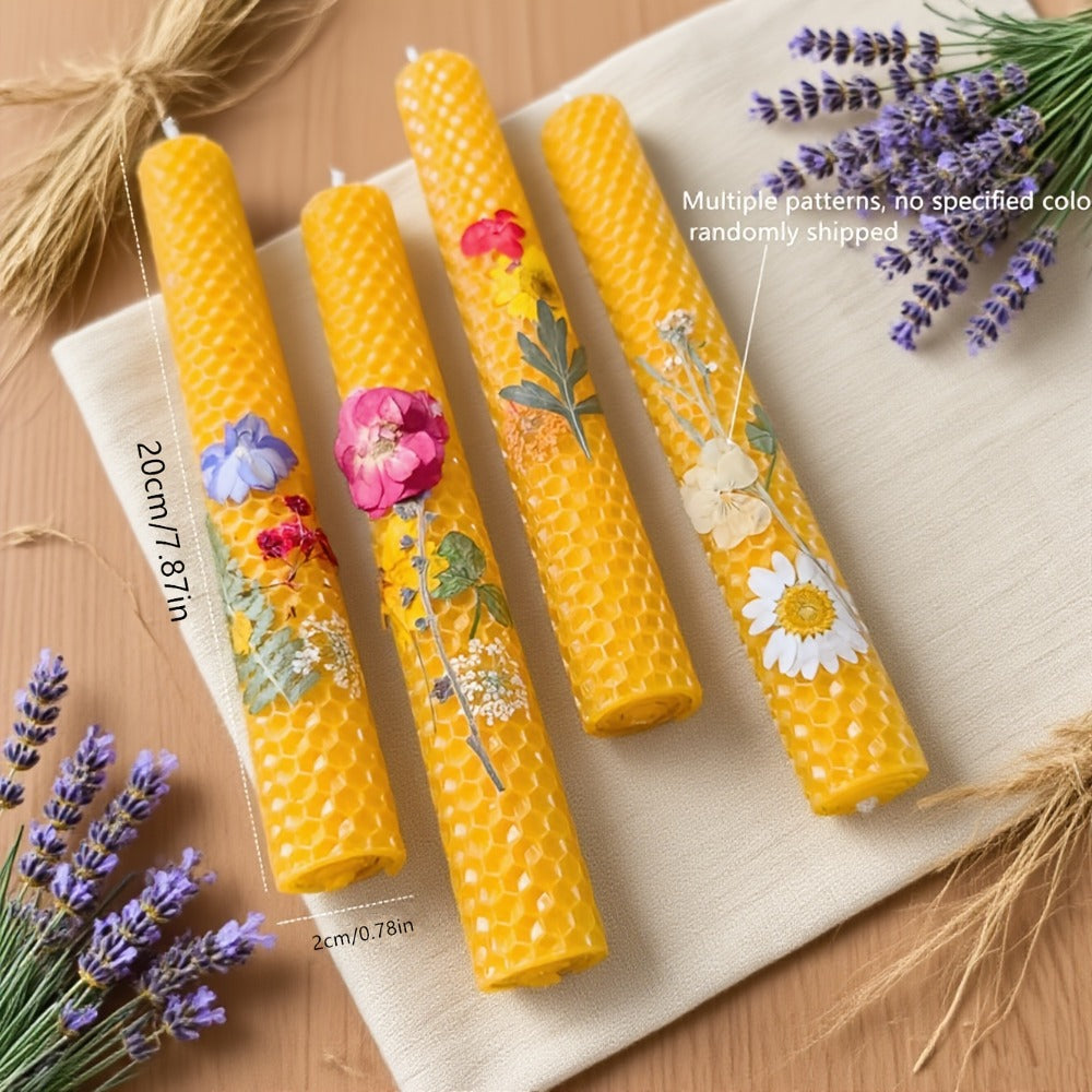Floral Cone Candle Holders Set of 4 ¨C 10-Inch Decorative Beeswax Taper Candles for Holiday Parties, Valentine's Day & Mother's Day Gifting