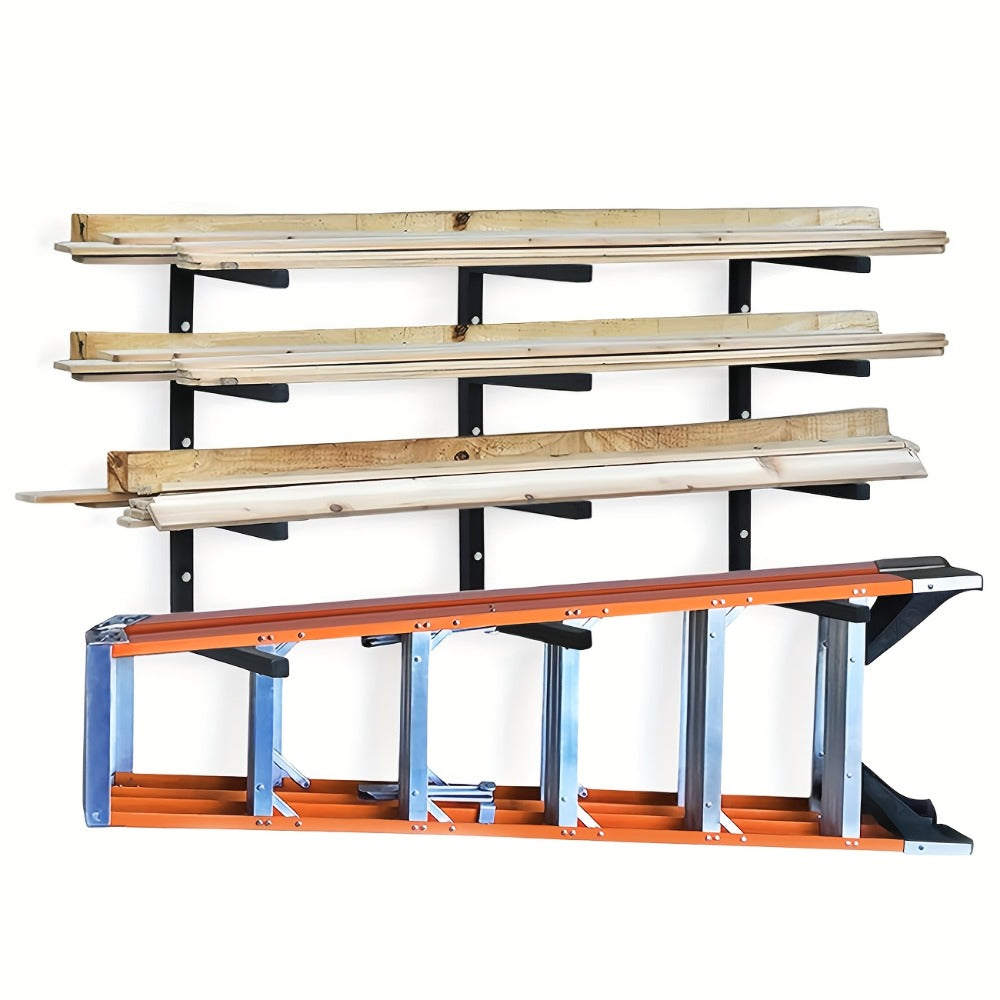 Lumber Storage Rack Wall Mount 4-Level ¨C 800 LBS Per Level Metal Wood Organizer Rack for Garage, Shed & Workshop | Heavy Duty Wall Mounted Wood Storage Rack for Lumber, Pipes & Long Materials | Black