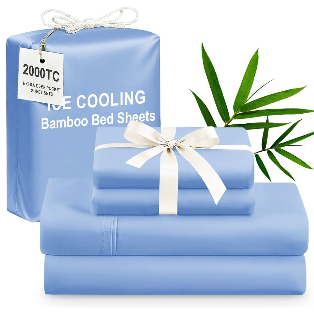 Bamboo Cooling Bed Sheet Set 4pcs Extra Deep Pocket Breathable Fitted Sheet Flat Sheet Pillowcases for Hot Sleepers Twin Full Queen King