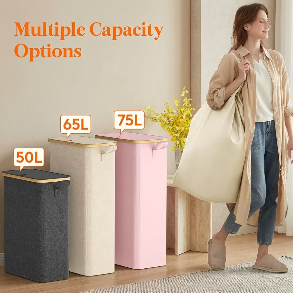 Slim Laundry Hamper with Lid & Removable Bag ¨C Foldable Narrow Clothes Basket with Bamboo Handles for Bathroom, Bedroom & Dorm ¨C 50L / 65L / 75L Space-Saving Collapsible Laundry Bin