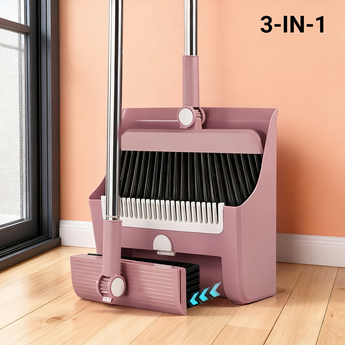Broom and Dustpan Set with Long Handle - 2-in-1 3-in-1 4-in-1 Foldable Broom Dustpan Combo with Floor Brush for Home Office Dorm Room, Quick Dust Removal Household Cleaning Tool Set, White Pink Blue Orange Purple Grey
