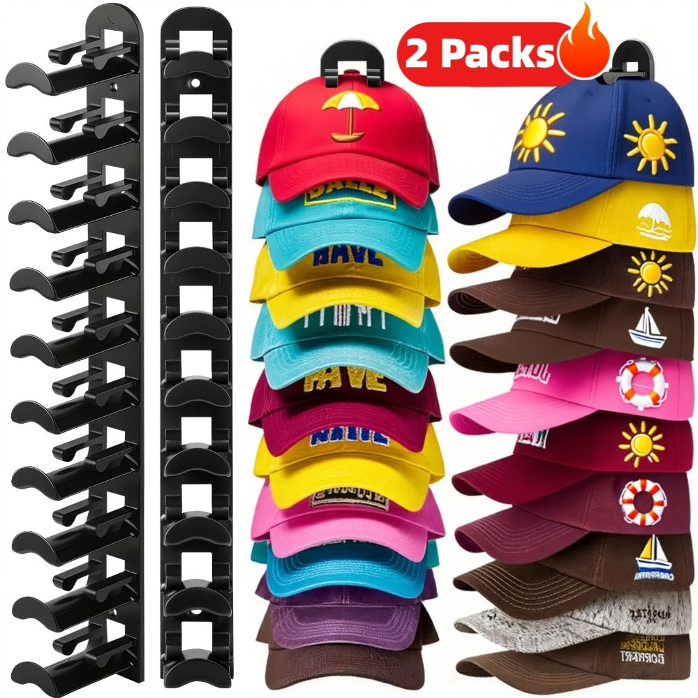Wall Mounted Hat Rack for Baseball Caps ¨C Adhesive or Drill Mount, Holds 20 Hats, Multilayer Storage, 2pcs