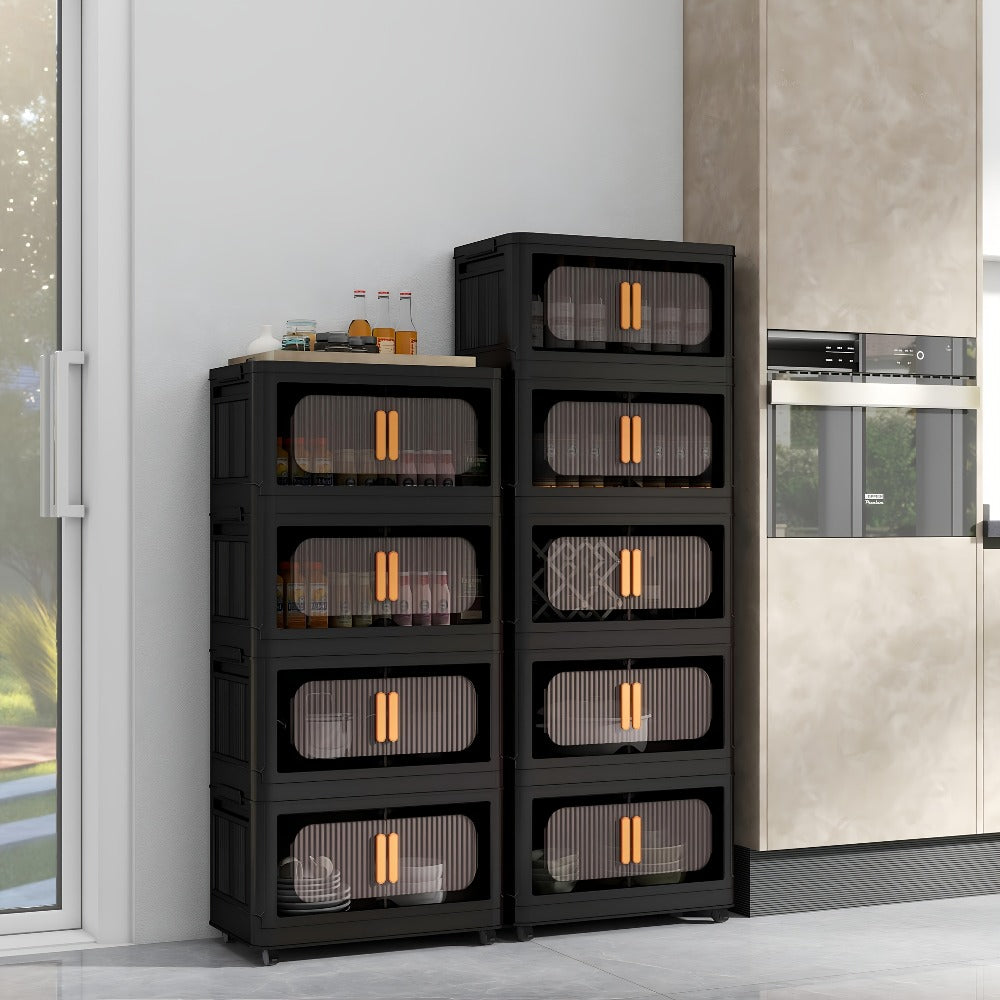 Rolling Storage Cart 4 5 Tier Double Door Collapsible Stackable Plastic Organizer with 360 Lockable Wheels Space Saving Bin for Dorm Office Closet Bedroom Garage Gym