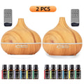 Aroma Diffuser Set 2 Diffusers 6 Essential Oils 550ml Wood Grain Cool Mist Humidifier Soundwave Technology 7-Color Light Timer for Large Room Bedroom Home Office