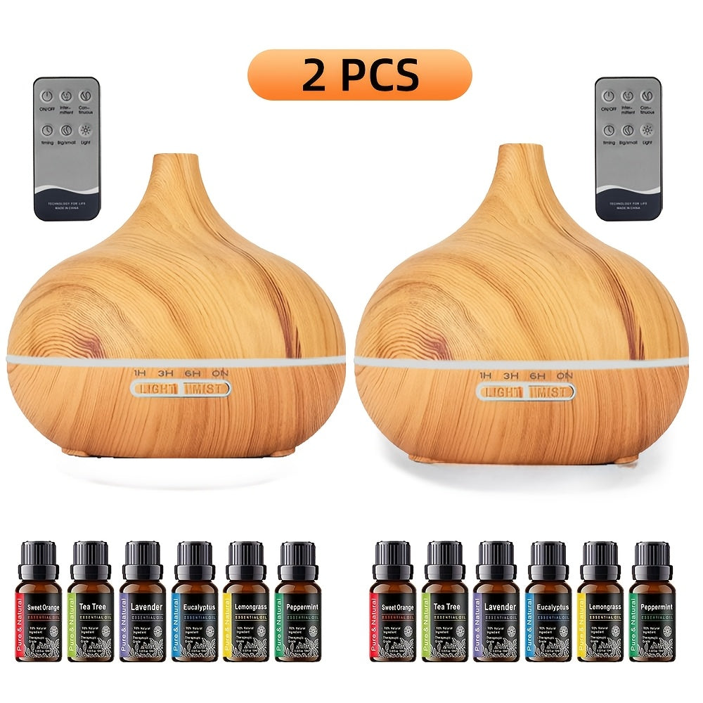 Aroma Diffuser Set 2 Diffusers 6 Essential Oils 550ml Wood Grain Cool Mist Humidifier Soundwave Technology 7-Color Light Timer for Large Room Bedroom Home Office