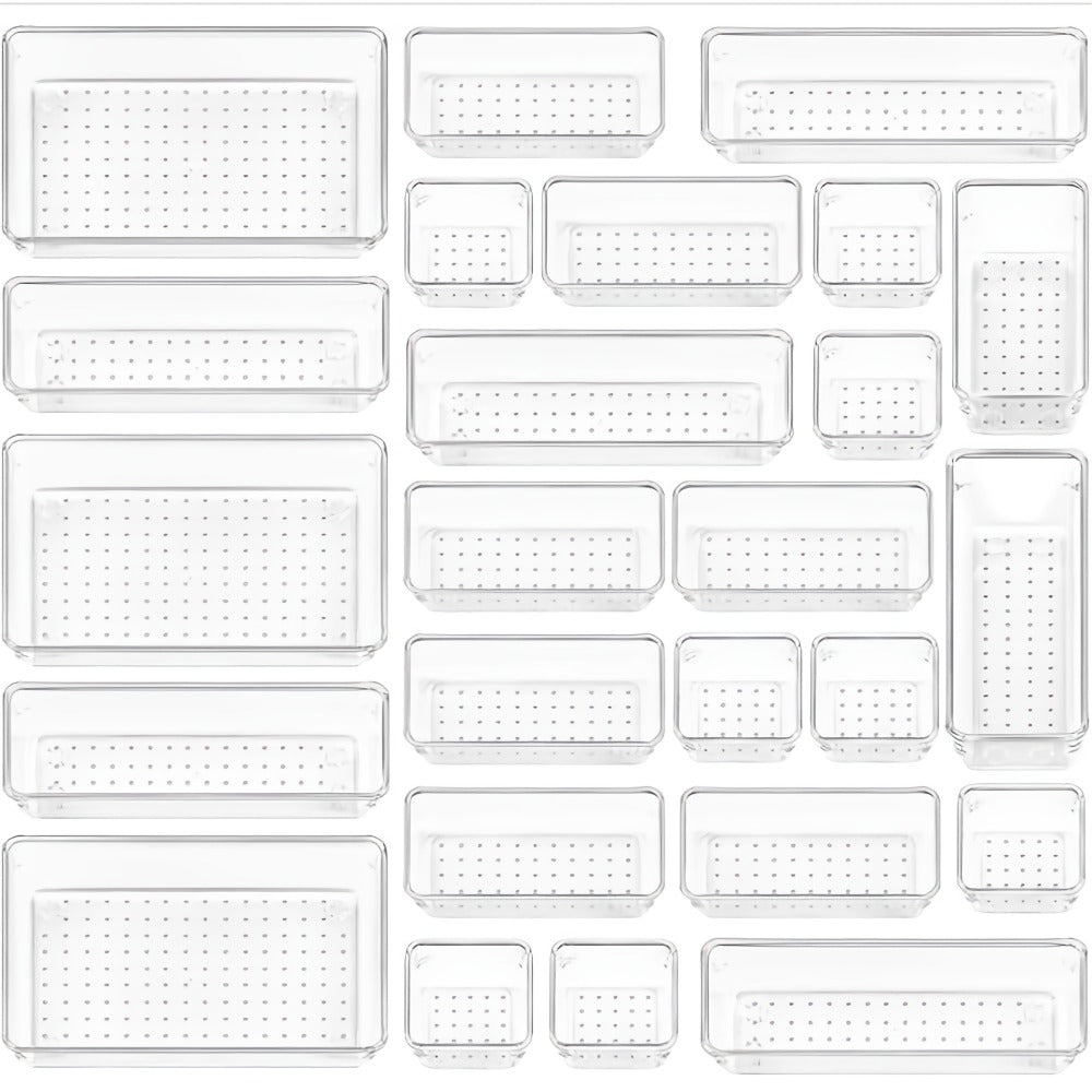 Clear Drawer Organizer Trays 25 Pack with 4 Sizes, Plastic Storage Bins for Desk Drawer Kitchen Flatware Cosmetics Dresser Under Bed Organization Dividers
