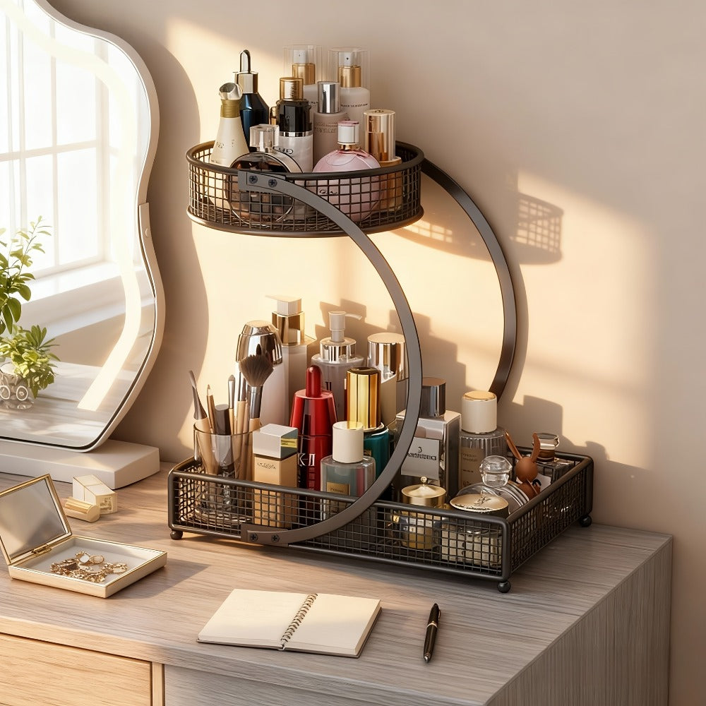 3-Tier Metal Makeup Organizer with Round Baskets Anti-Rust Vanity Storage Rack with Tissue Holder Space Saving Cosmetic Organizer Gift for Women