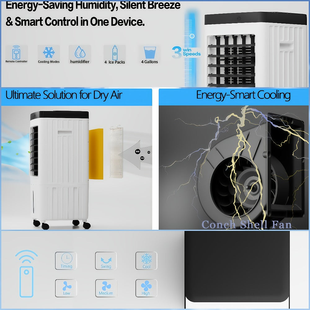 Portable Air Conditioner Evaporative Air Cooler with Remote, 40Hrs Cooling, 2.6 Gal Tank, 3 Speeds, Windowless AC Unit for Room, Personal Space Cooler Fast Cooling