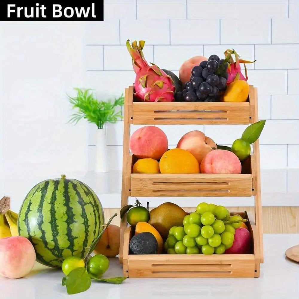 Bamboo Fruit Storage Rack 2-3 Tier with Hooks, Kitchen Counter Organizer for Fruits Vegetables Bread Spices, Freestanding Shelf Basket Display Stand