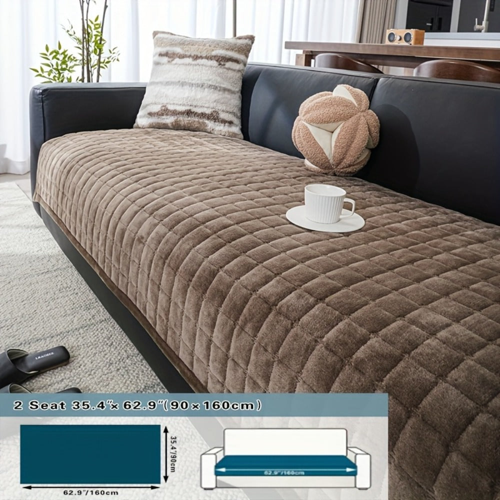 Sofa Cushion Cover Flannel Non-Slip Bohemian Style Soft Plush Couch Cover - Machine Washable Solid Color Slipcover for 2/3/4-Seater Sofa Living Room Bedroom Office, Coffee Gray White, Easy Care