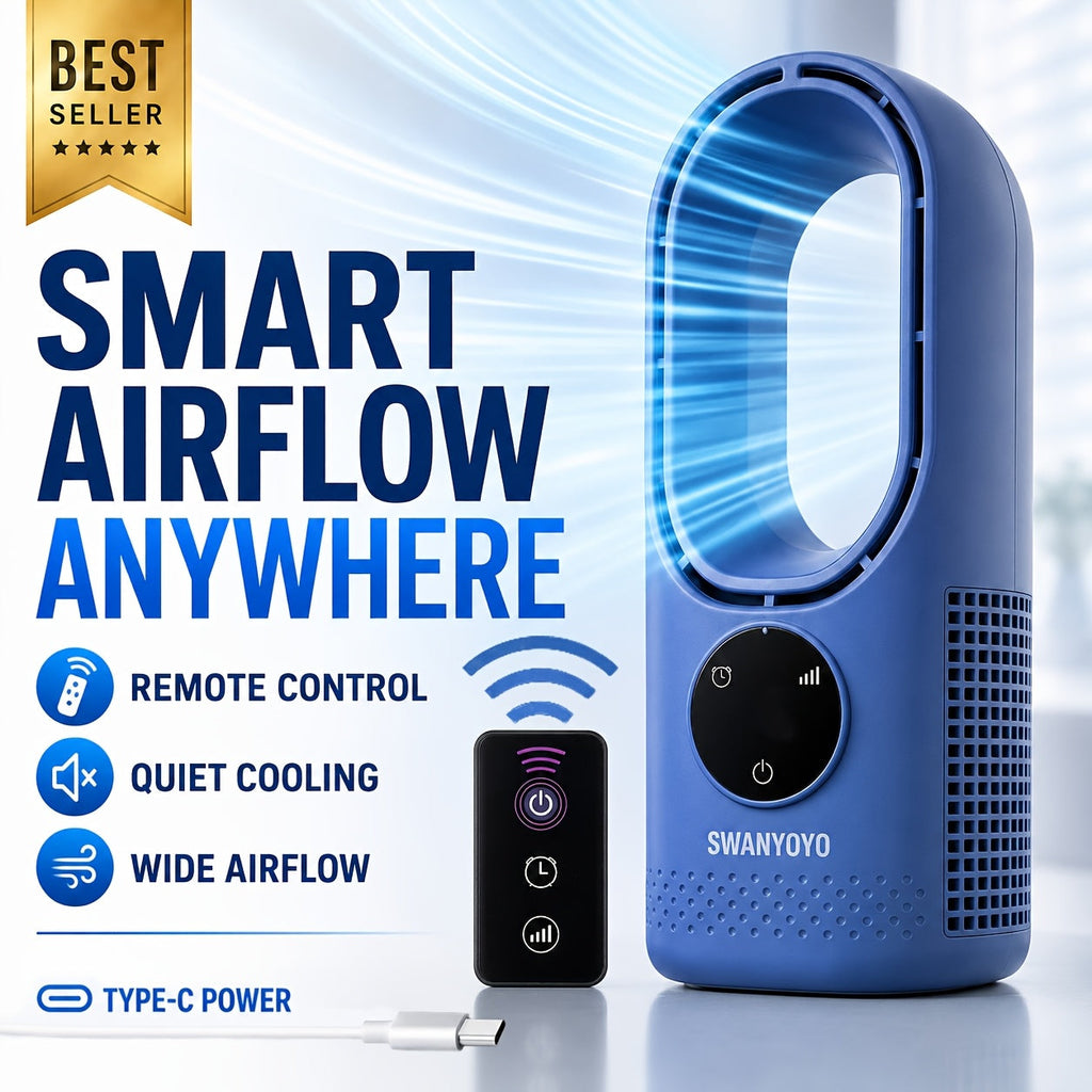 Portable Bladeless Fan USB Tower Fan, Desktop Air Conditioner Fan with Water Mist Cooling, Remote Control, Touch Screen, 7-Color LED Ambient Light and Timer, Personal Cooling Fan for Office, Travel, Camping, Home