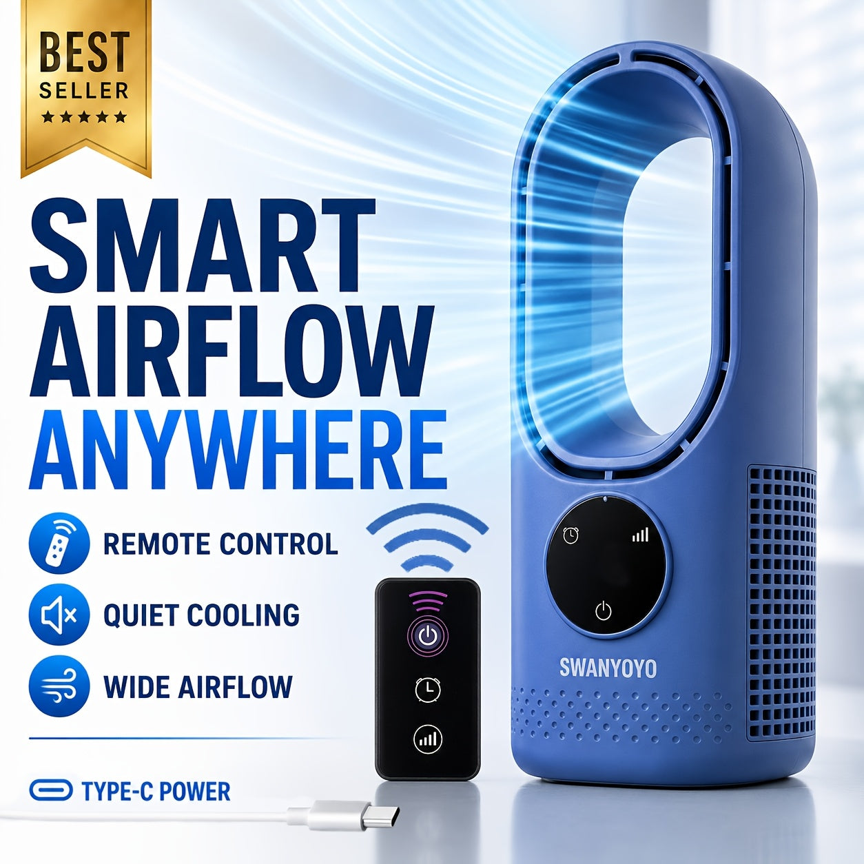 Portable Bladeless Fan USB Tower Fan, Desktop Air Conditioner Fan with Water Mist Cooling, Remote Control, Touch Screen, 7-Color LED Ambient Light and Timer, Personal Cooling Fan for Office, Travel, Camping, Home