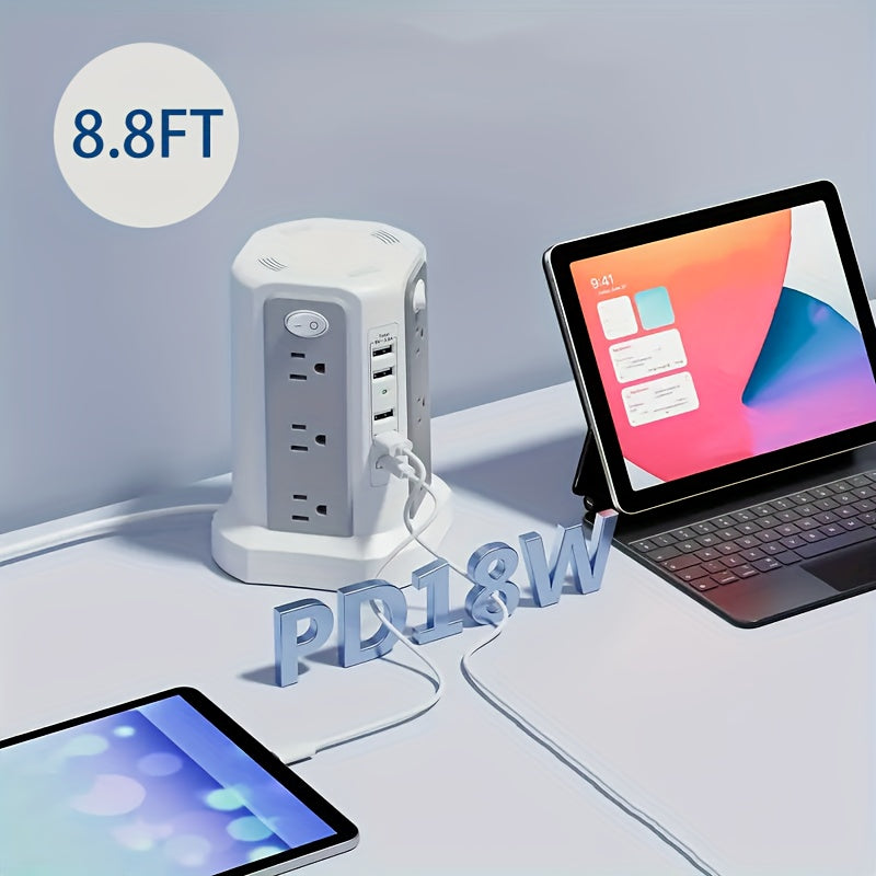 Power Strip Tower Surge Protector 16 AC Outlets 5 USB Ports PD20W USB-C Fast Charging Flat Plug Extension Cord 1500J Overload Protection Desktop Charging Station for Home Office Dorm