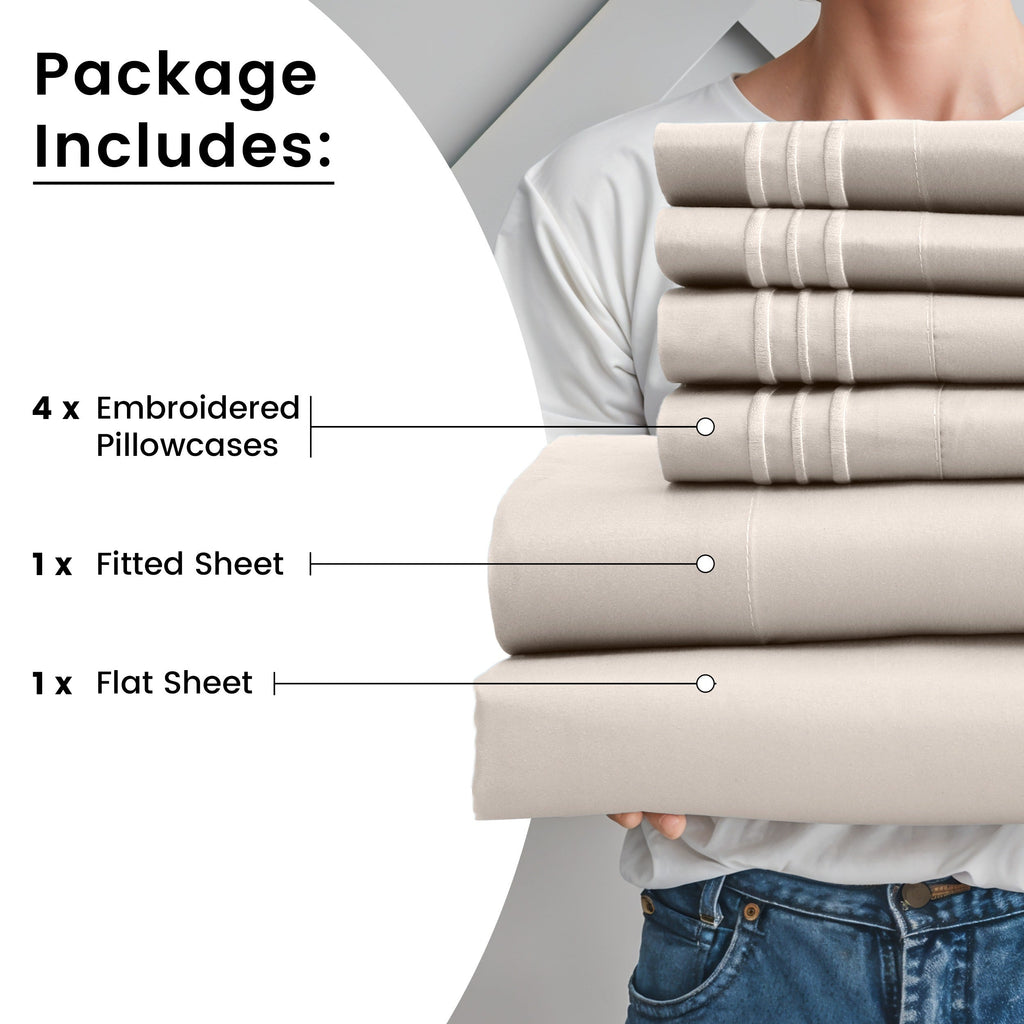 Fitted Sheet Set 6-Piece Brushed Polyester Deep Pocket Bed Sheets 20 Colors Hotel Luxury Soft Bedding with Embroidered Pillowcases