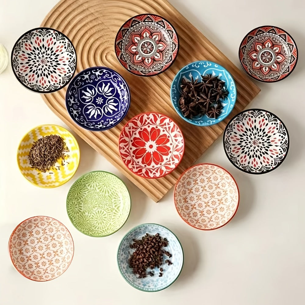 Dipping Sauce Dish Set 10/12 Piece Bohemian Ceramic ¨C Colorful Small Plates for Soy Sauce Vinegar Spices Condiments Sushi Bar Restaurant Kitchen Party Boho Snack Seasoning Plate