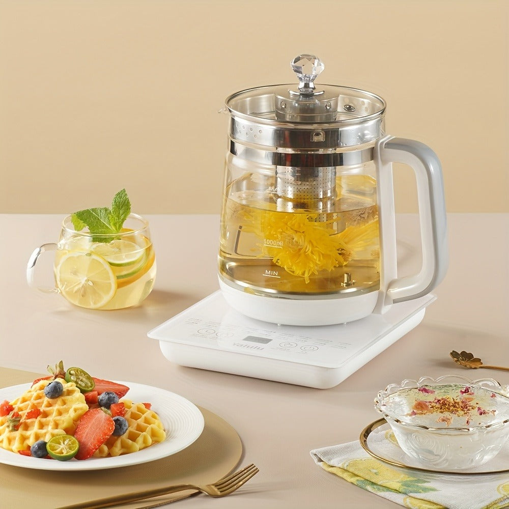 Electric Health Pot Smart Kettle 1.8L Thickened Glass 18 Smart Functions Removable Filter Multi-Functional for Tea Herbal Brewing Camping Home US Plug White