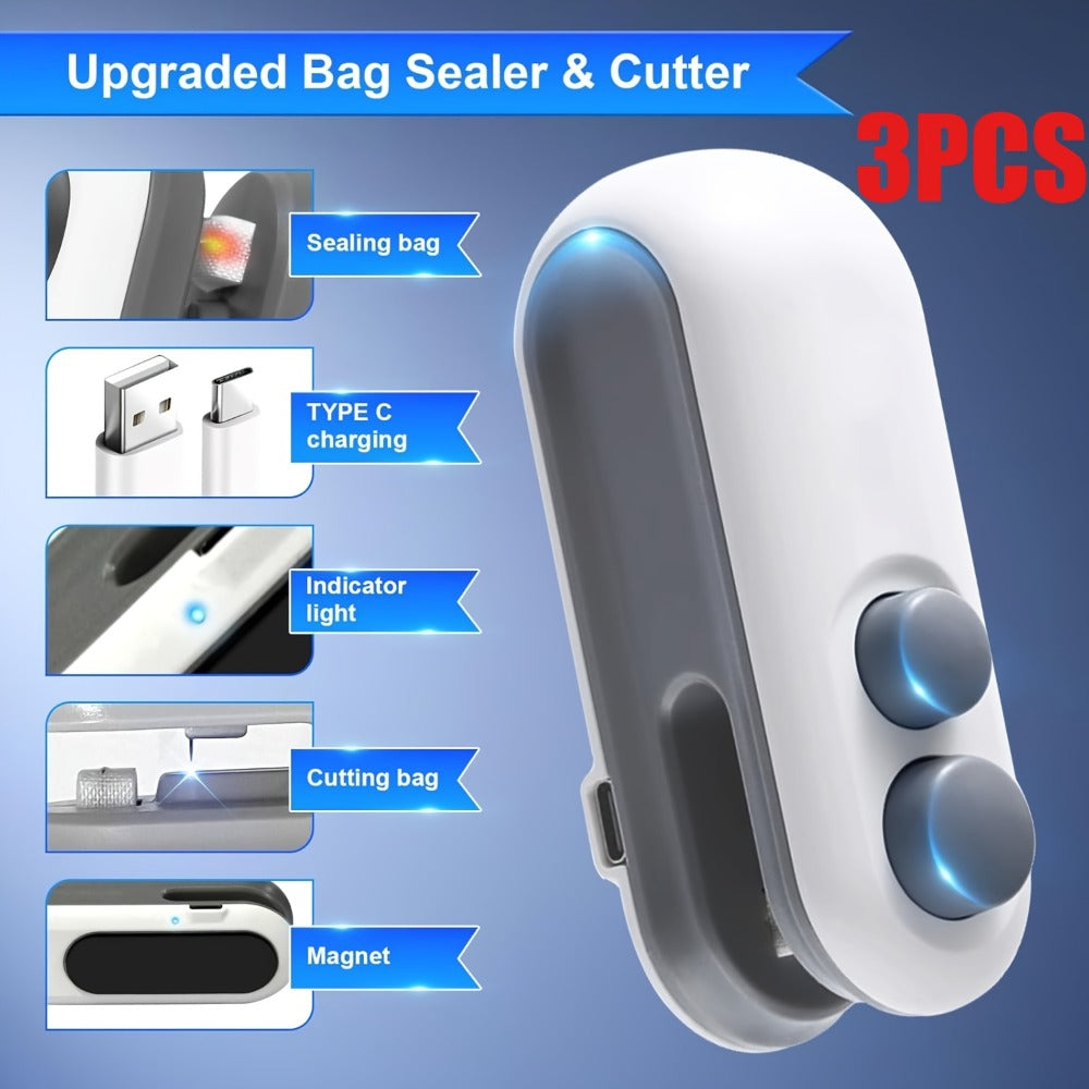 Bag Sealer Handheld Heat Sealer 3-Pack ¨C USB-C Rechargeable 2-in-1 Magnetic Food Sealer with Cutter, Snack Bag Resealer for Plastic Bags, Kitchen Food Freshness, Home & Outdoor Use