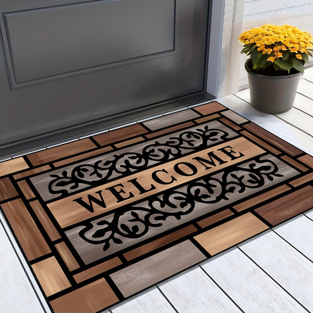 Welcome Doormat Wood Pattern - Non-Slip Entrance Mat with Polypropylene Backing | Indoor Outdoor Floor Mat for Front Door, Entryway & Home Decor | Durable Anti-Slip Door Rug in 2 Sizes