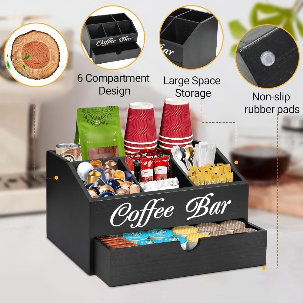 Coffee Bar Organizer with Drawer | Wood Countertop Coffee Station Organizer | 5-Compartment K-Cup Pod Holder Tea Condiment Storage | Rustic Farmhouse Coffee Bar Decor for Kitchen Counter