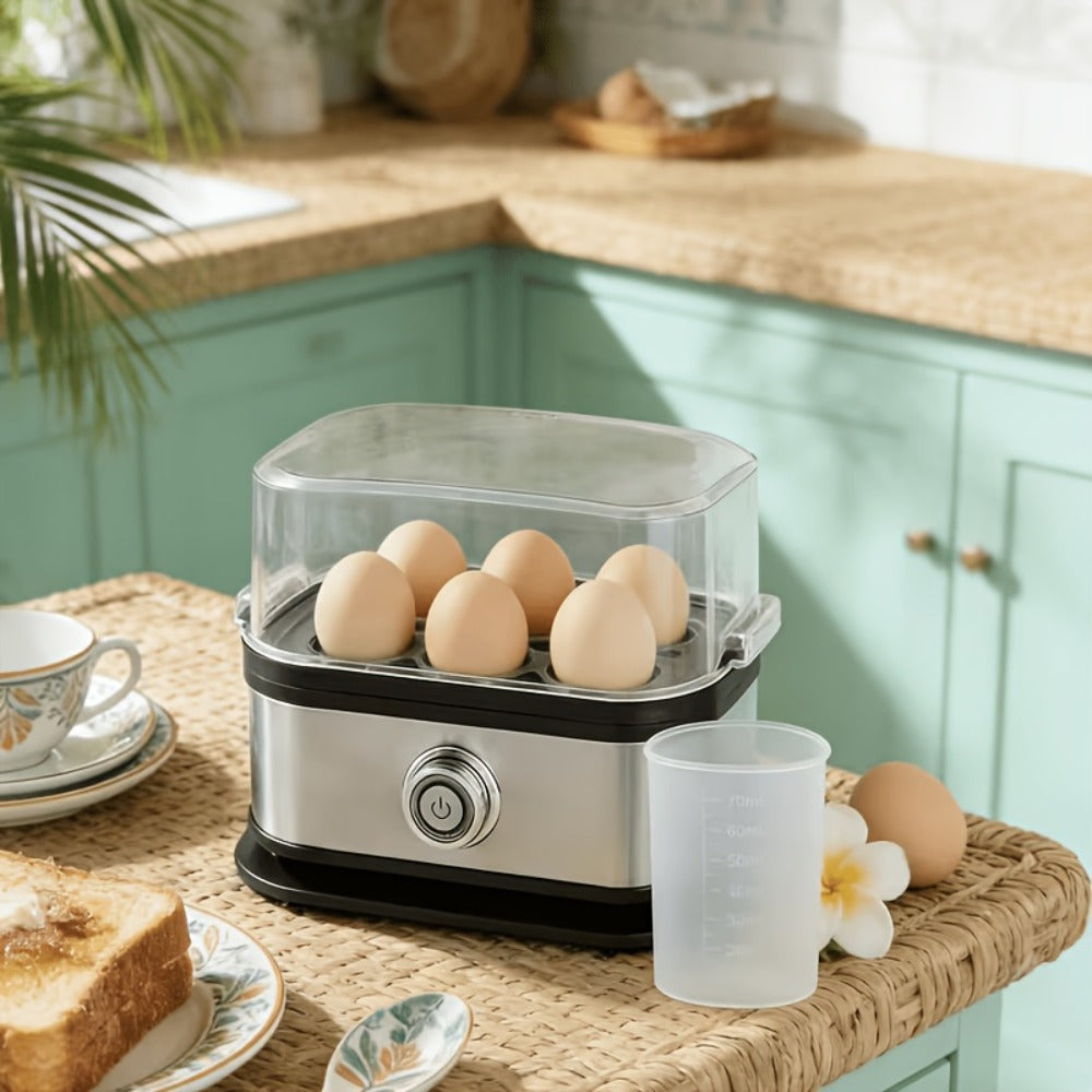 Rapid Electric Egg Cooker 6-Egg Capacity, 304 Stainless Steel Egg Boiler & Steamer for Hard, Medium & Soft Boiled Eggs, Auto Shut-Off with Audible Alarm, Compact Egg Poacher for Home Kitchen, Black