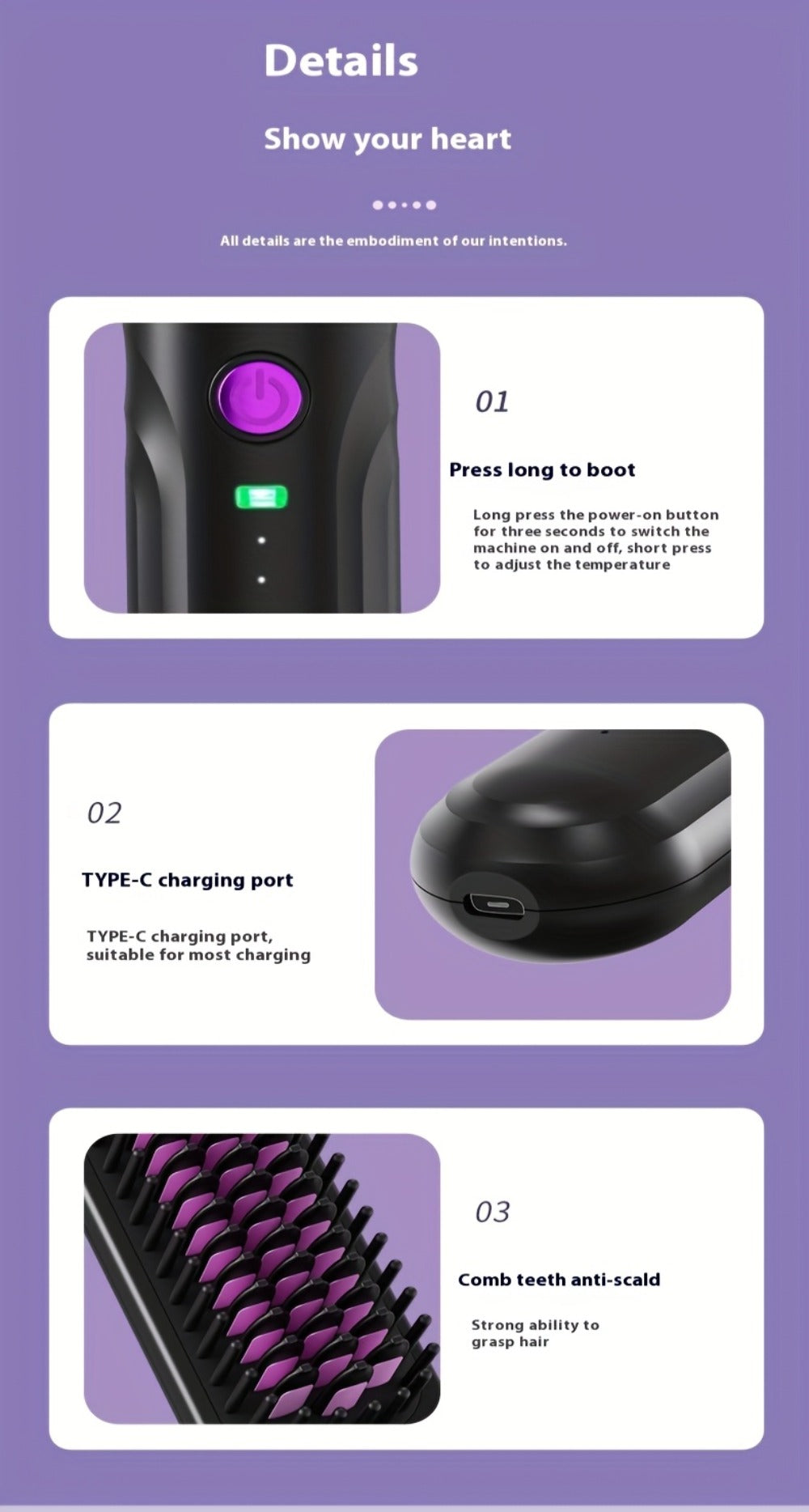 Wireless Hair Straightener Comb - Portable Cordless Straightening Brush with 3-Min Fast Heat, 3 Temp Settings 170-190¡ãC, Negative Ion Technology, 3D Comb Design, Lightweight Travel Hair Straightener