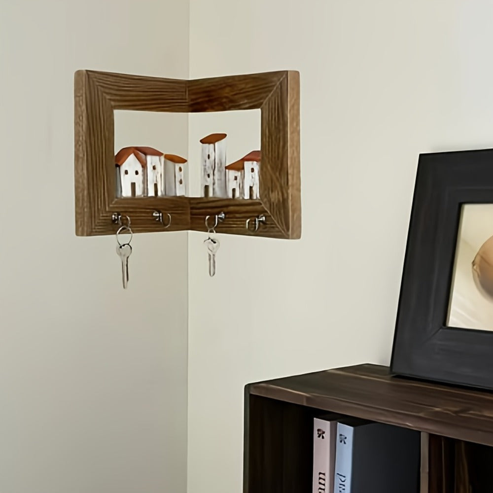 Wall Mounted Key Rack with Hooks - Rustic Wooden Key Holder with 6 House Hooks, Entryway Storage Organizer for Home Bedroom Wall Decor