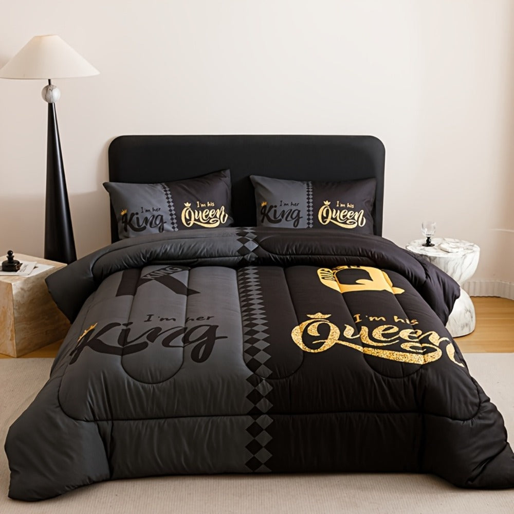 Comforter Set 3-Piece ¨C Soft Breathable Quilt with 2 Pillowcases, Black Grey Color Block Crown Letter Print, Twin Full Queen King, 180GSM Bedroom Bedding Set