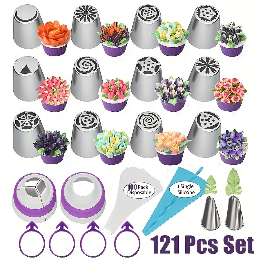 Russian Piping Nozzle Set 121pcs, 12 Flower Icing Tips, 2 Leaf Piping Tips, 2 Couplers and 100 Piping Bags, Cake Decorating Tools for Cupcake Cookie Frosting, Baking Supplies for Home and Professional Bakers