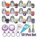 Russian Piping Nozzle Set 121pcs, 12 Flower Icing Tips, 2 Leaf Piping Tips, 2 Couplers and 100 Piping Bags, Cake Decorating Tools for Cupcake Cookie Frosting, Baking Supplies for Home and Professional Bakers
