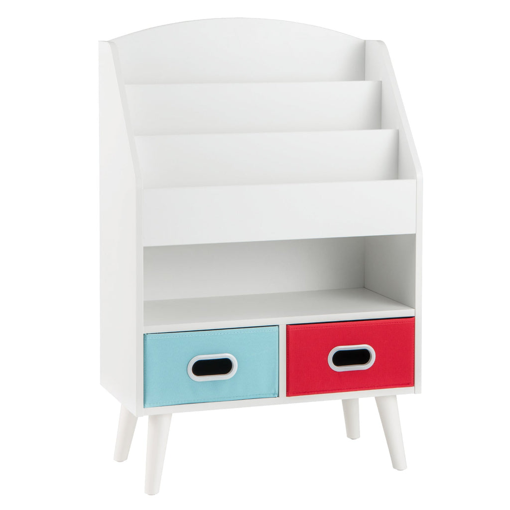 Kids Bookshelf 3-Tier with 2 Fabric Bins Open Compartments Anti-Tip Safety Design Sturdy MDF Children Book Organizer Display Rack for Playroom Nursery Classroom Bedroom Toddlers Age 3+