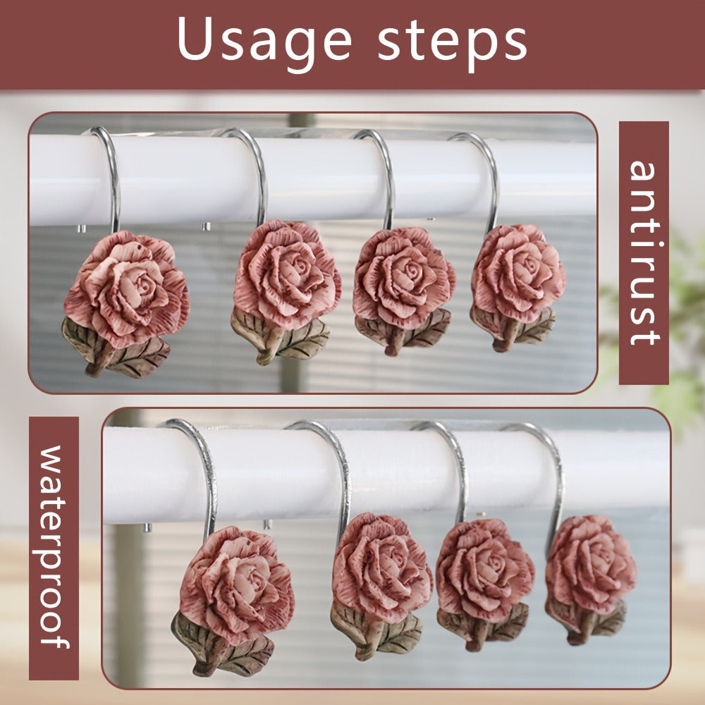 Shower Curtain Hooks Rose Resin - 12pcs Rustproof Cast Iron Floral Bathroom Hooks, Heavy Duty Metal Rings for Curtain Rod, Decorative Bath Accessories