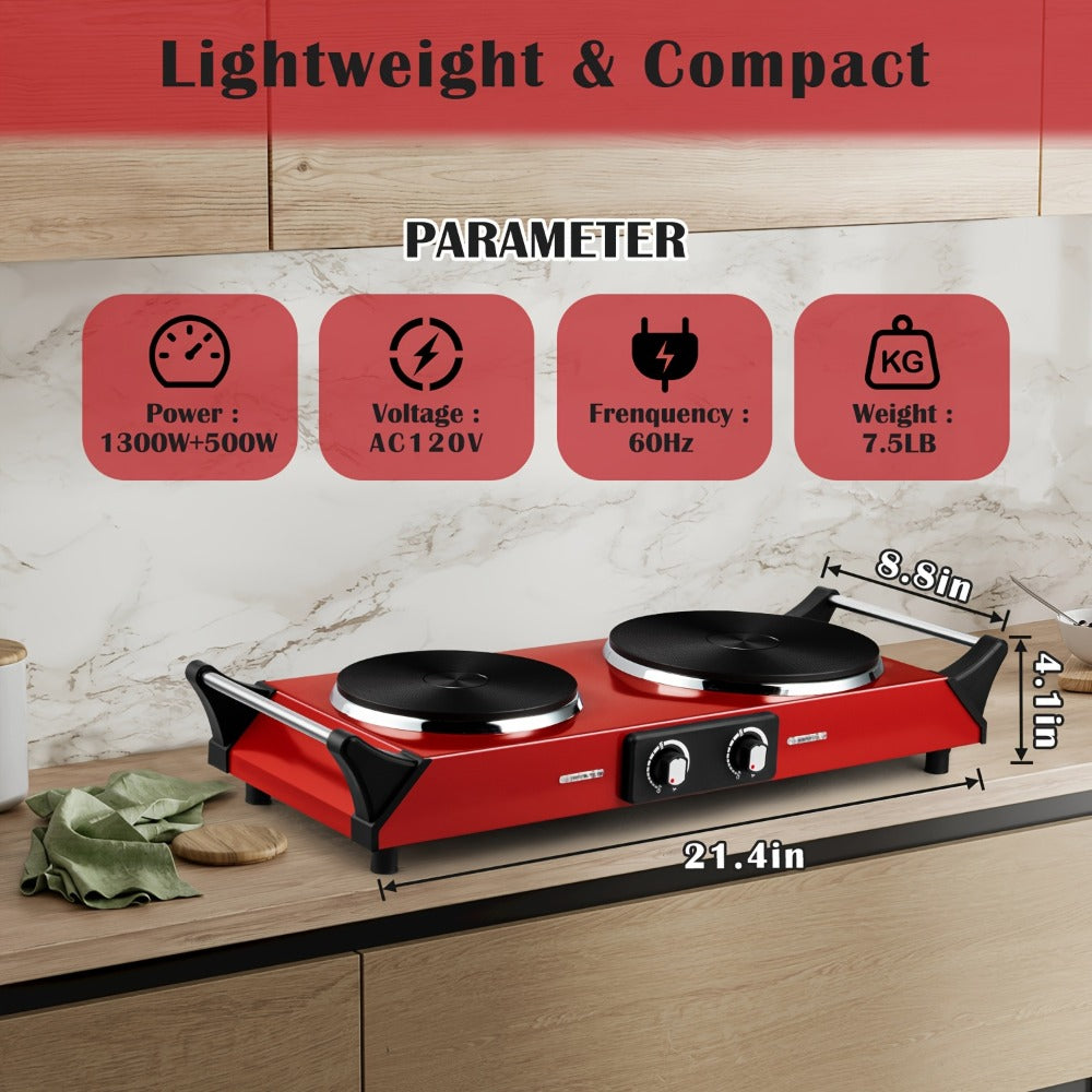 Hot Plate Electric Burner with Temperature Control ¨C Dual Size Coil Burners 7.4in & 6.1in, Countertop Electric Stove for Daily Cooking, Dorm, Office & Travel, Multiple Colors Available