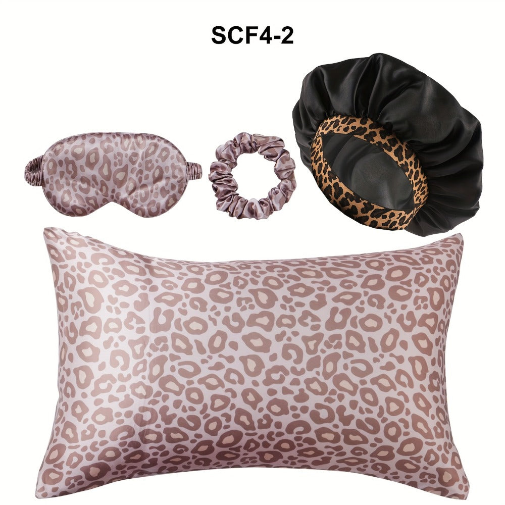 Leopard Print Pillow Covers Set of 4 with Sleep Mask and Headband Machine Washable Polyester Woven Fabric Travel Bedroom Decorative Pillowcase