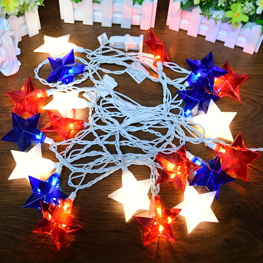 Patriotic Star String Lights July 4th Red White Blue LED Plug-In Indoor Outdoor Decor 8.5FT 12FT Memorial Day Independence Day Party Decoration