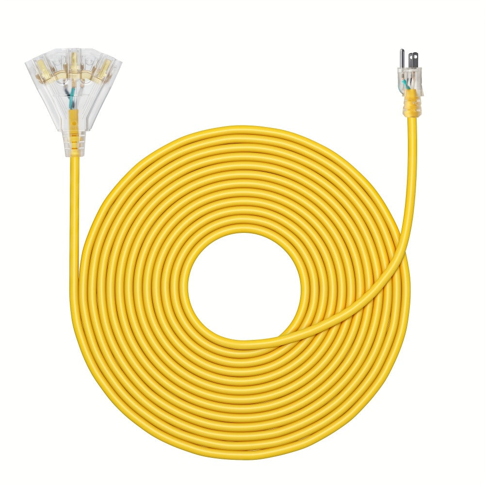 Extension Cord 25FT Heavy Duty Outdoor Indoor 14/3 SJTW Yellow 3-Outlet Tri-Tap Splitter with LED Lighted Plug 15A 1875W Grounded Power Cord for Workshop Garage Job Site Construction