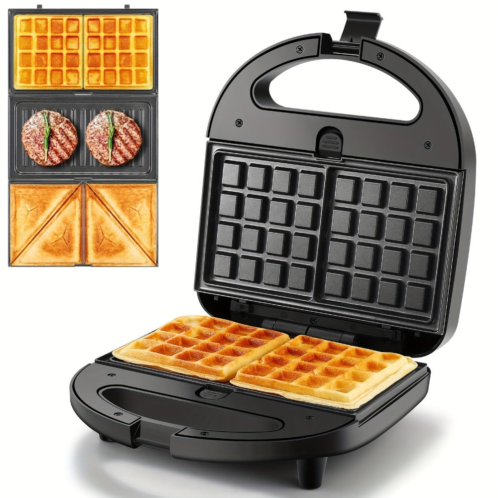 OSTBA 3-in-1 Sandwich Maker Panini Press Waffle Iron 750W Removable Non-Stick Plates for Breakfast Sandwiches Grilled Cheese Waffles Steak BBQ Black